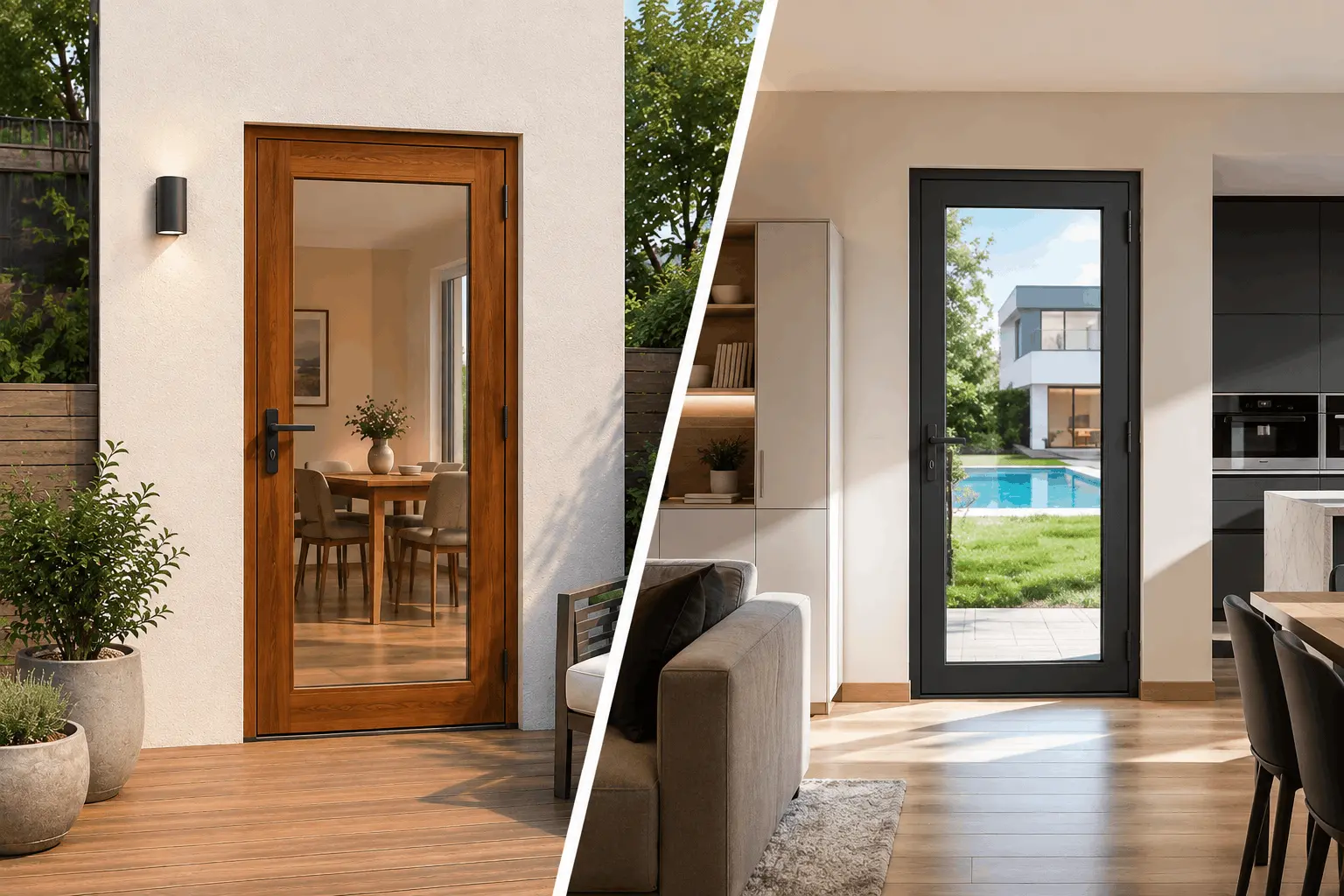 Comparison of a sliding aluminum door and a wooden door in a living room and kitchen setting.