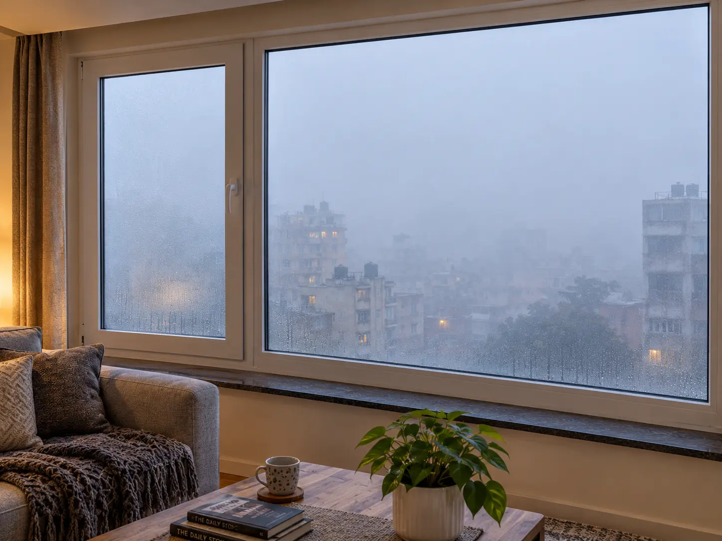 A well-framed UPVC window displaying a winter landscape, highlighting its suitability for cold weather in Delhi NCR.