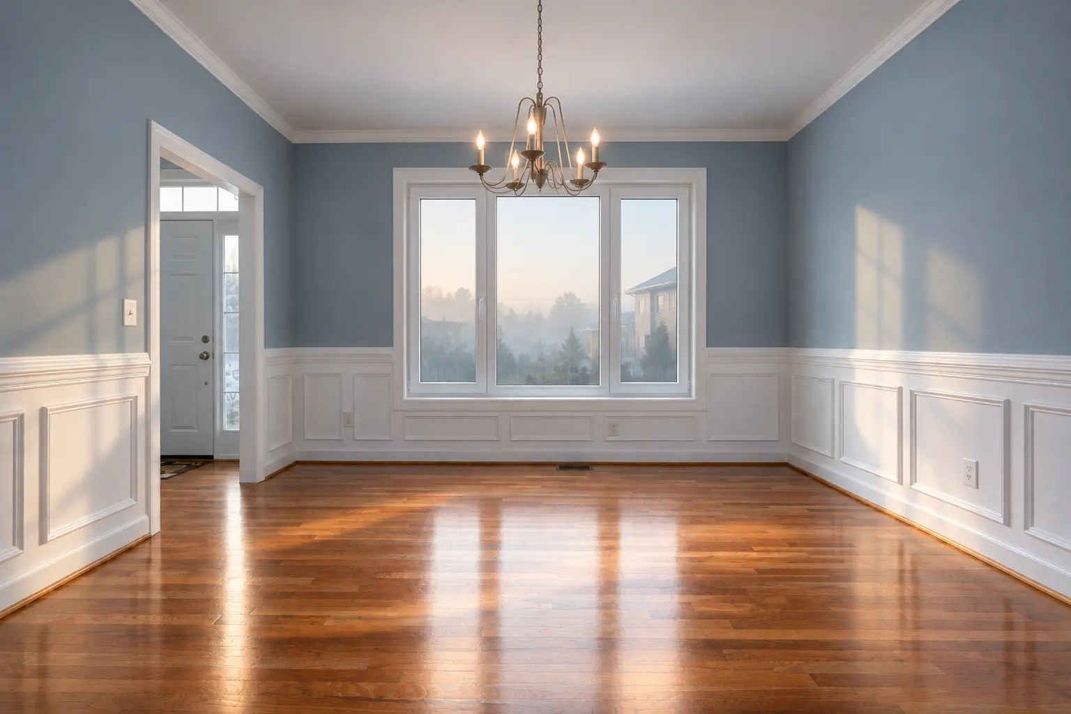 A UPVC window in a room featuring hardwood floors and blue walls, providing natural light and a modern aesthetic.
